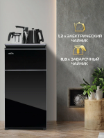Кулер для воды Hiberg F91 FGB напольный, нижняя загрузка, электрочайник, черное стекло