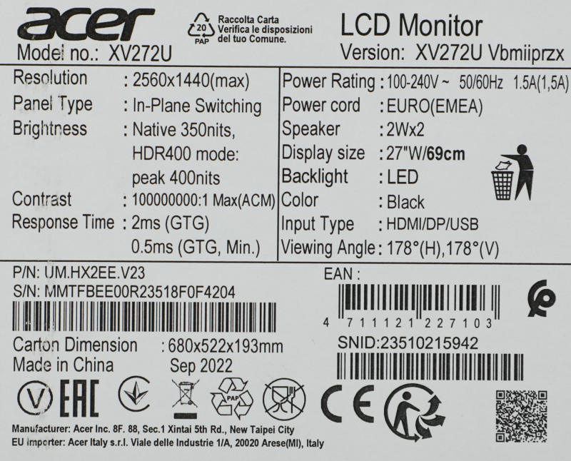 Монитор Acer 27" Nitro XV272UVbmiiprzx черный IPS LED